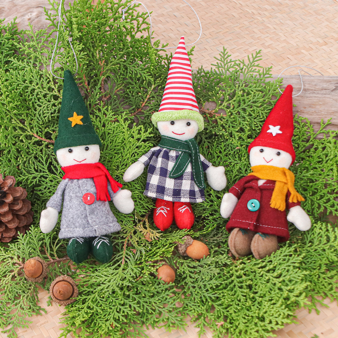 Set of Three Handmade Young Gnome Felt Ornaments - Festive Gnomes