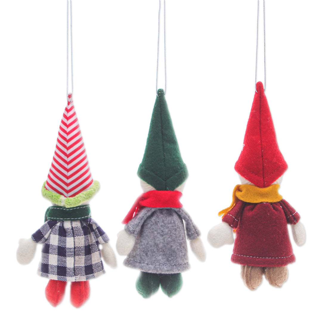 Set of Three Handmade Young Gnome Felt Ornaments - Festive Gnomes
