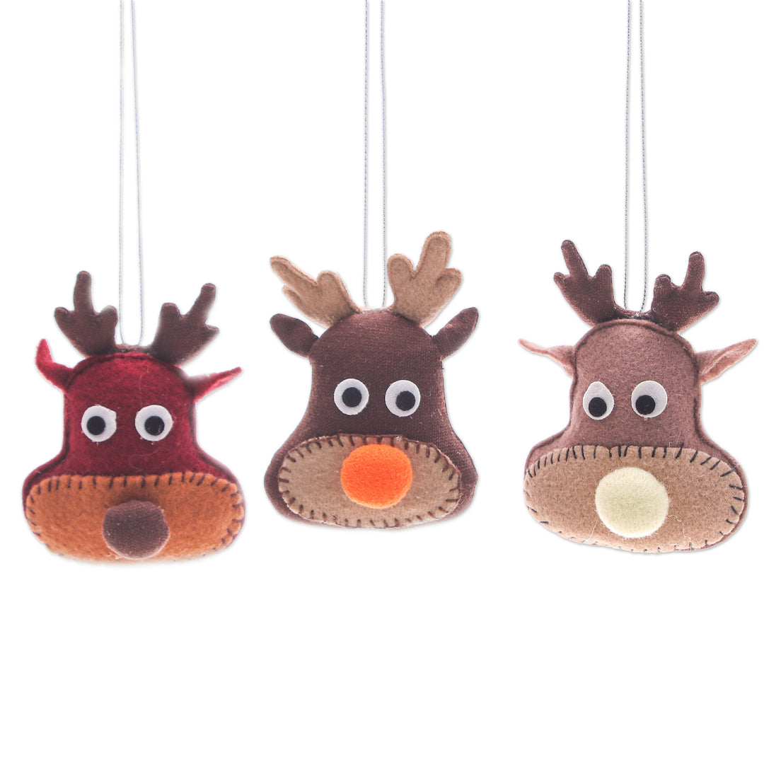 Set of Three Brown and Red Felt Reindeer Ornaments - Reindeer Party