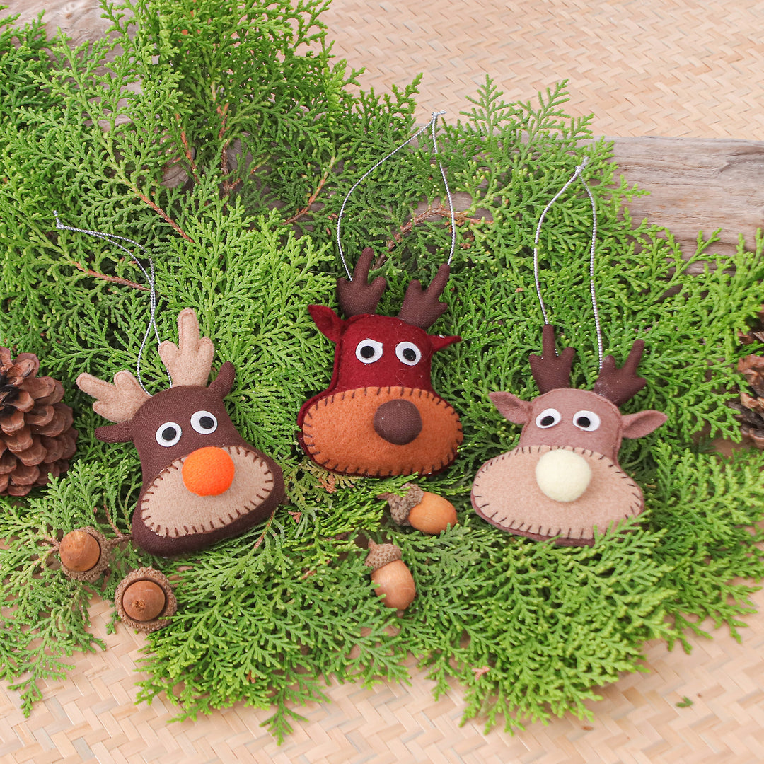 Set of Three Brown and Red Felt Reindeer Ornaments - Reindeer Party
