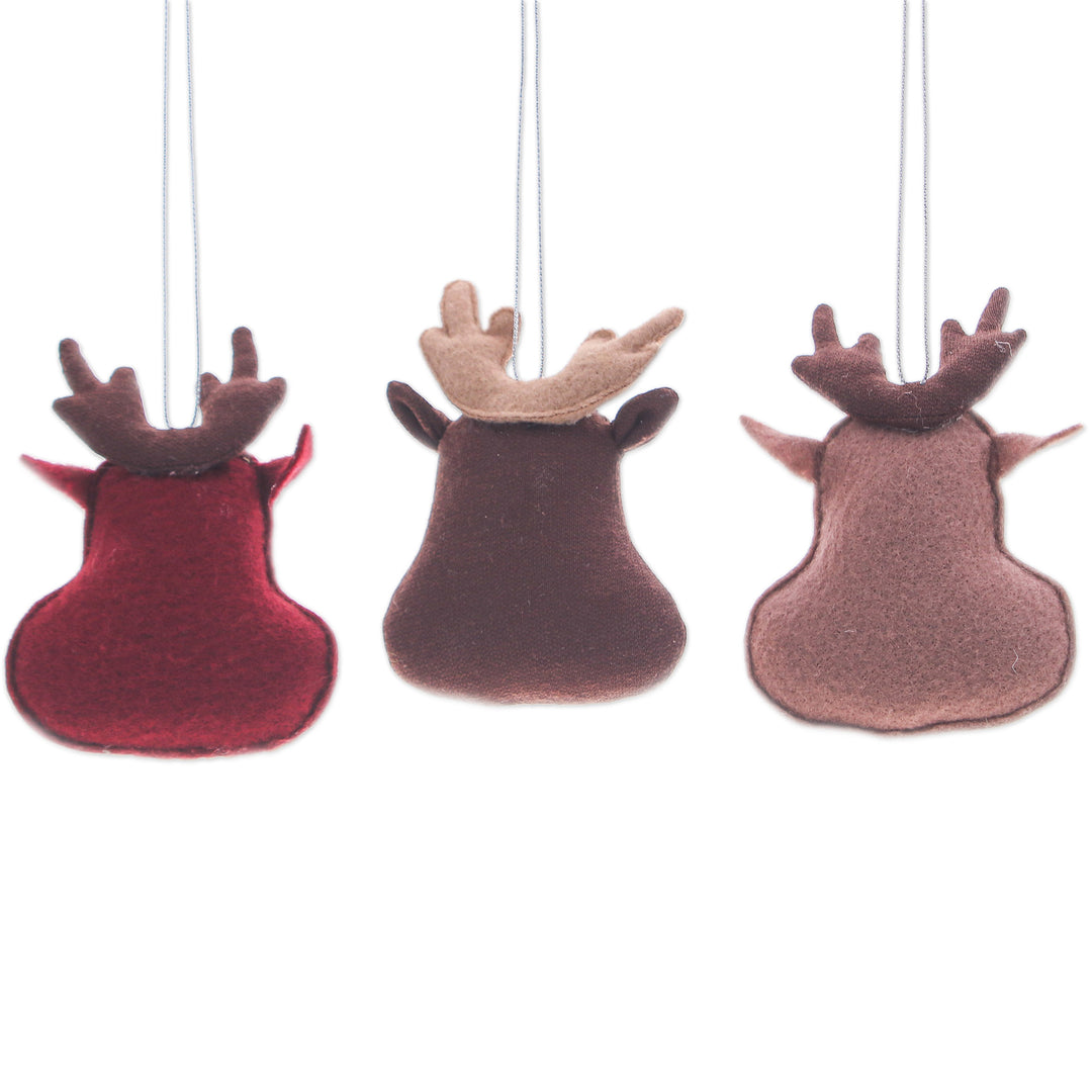 Set of Three Brown and Red Felt Reindeer Ornaments - Reindeer Party
