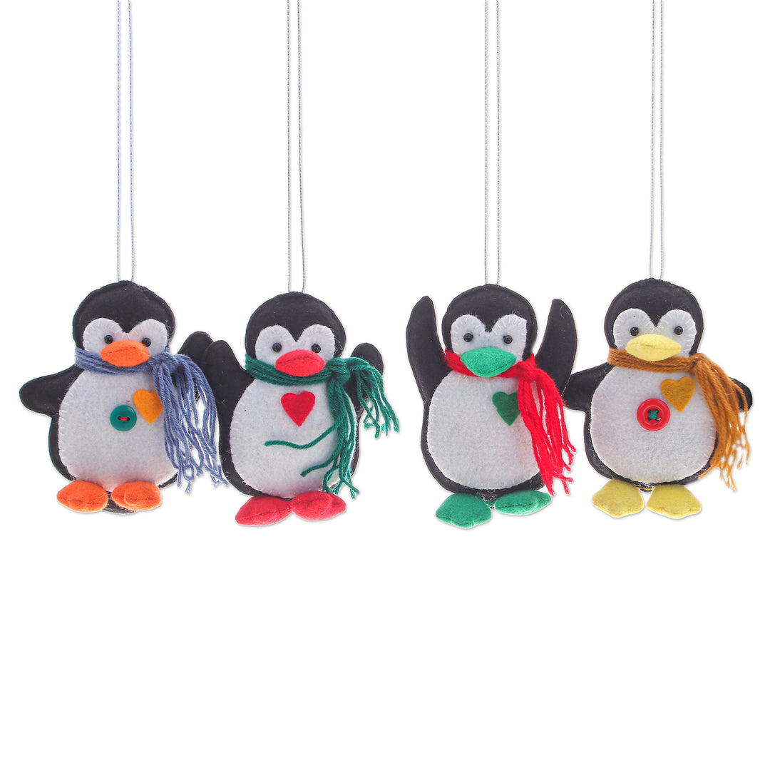 Set of Four Colorful Felt and Acrylic Penguin Ornaments - Festive Penguins