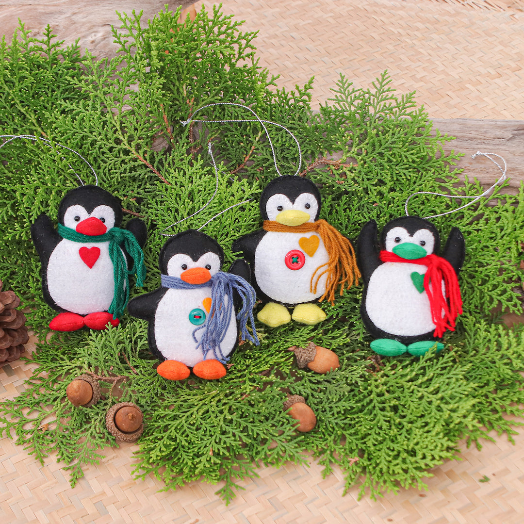 Set of Four Colorful Felt and Acrylic Penguin Ornaments - Festive Penguins
