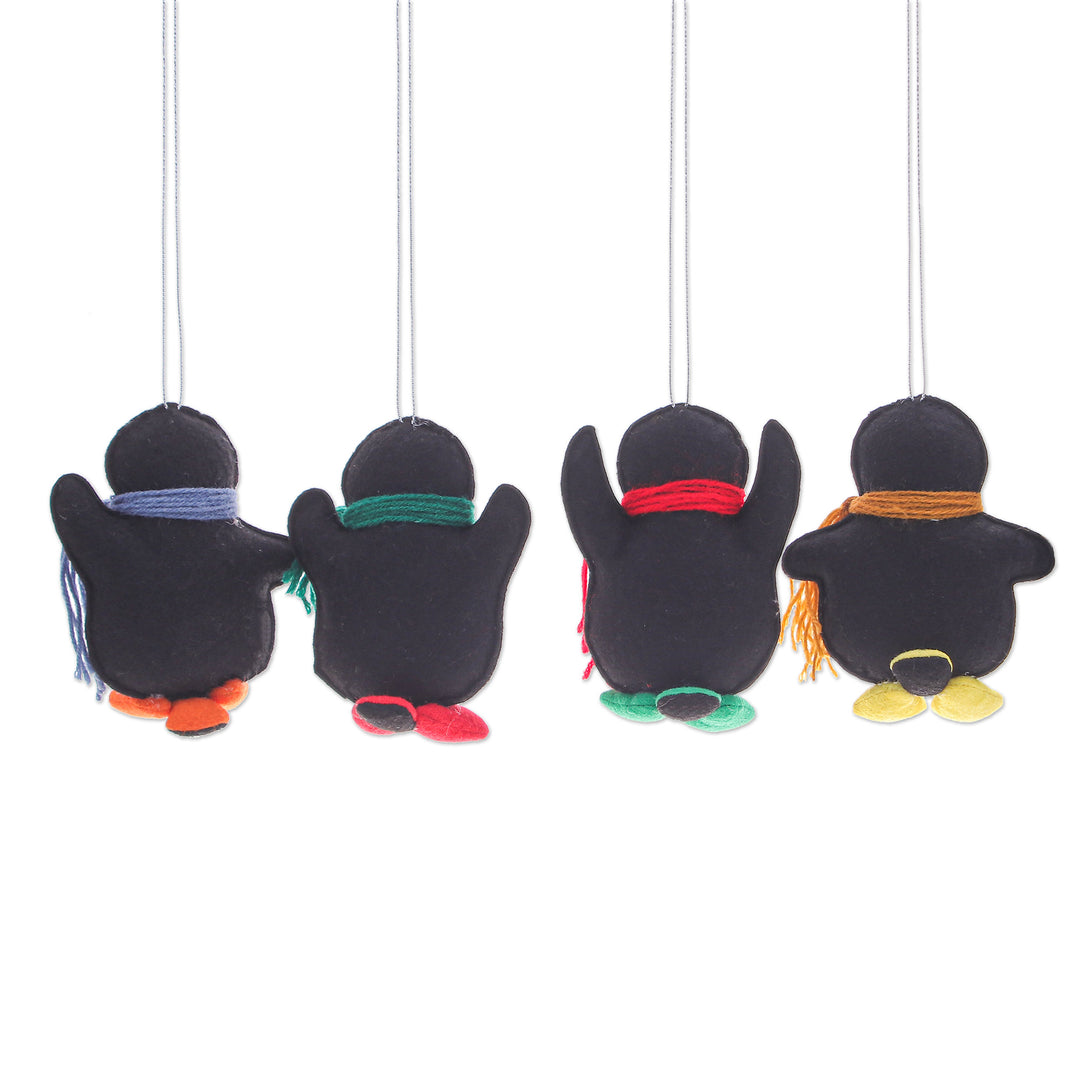 Set of Four Colorful Felt and Acrylic Penguin Ornaments - Festive Penguins