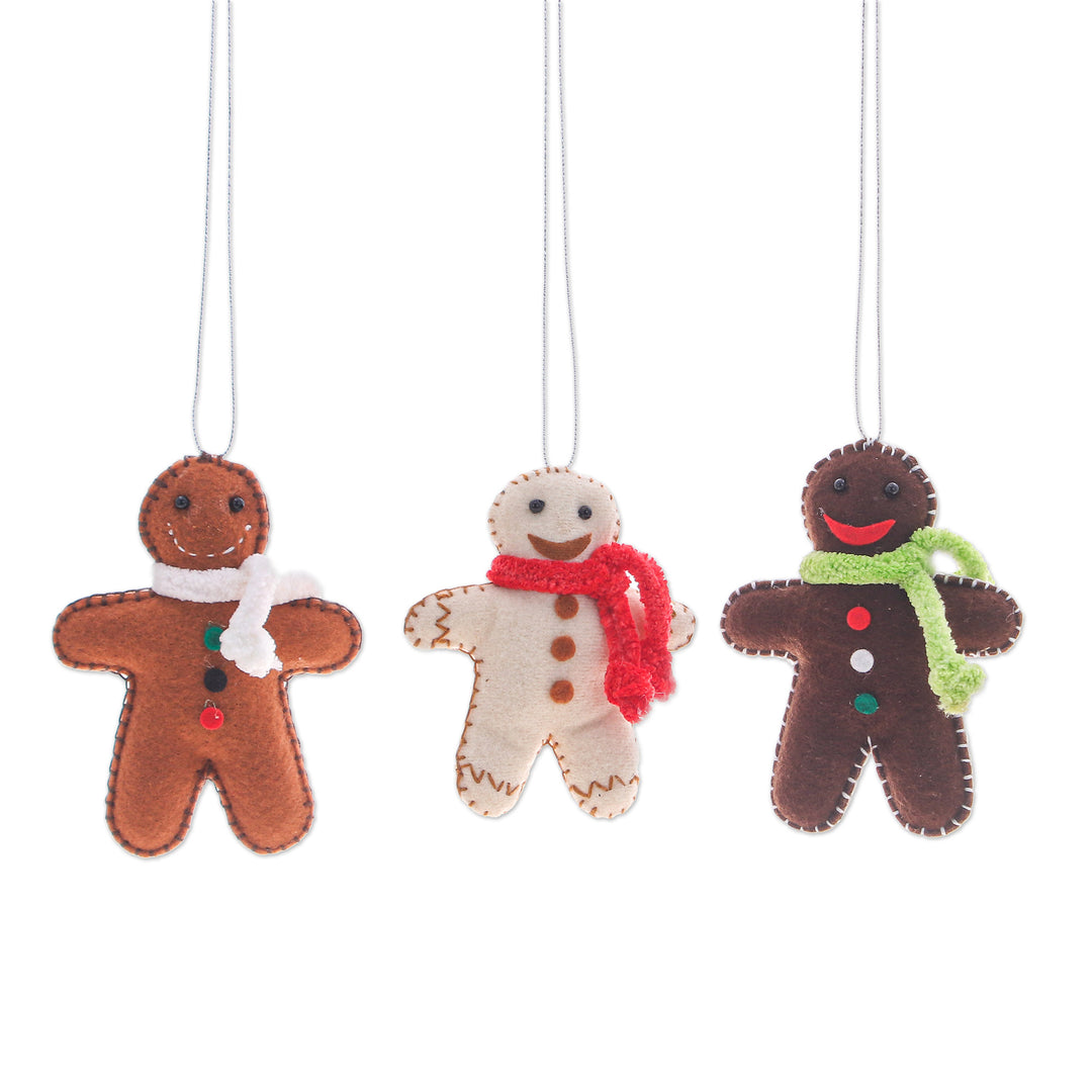 Set of 3 Christmas-Themed Felt Gingerbread Men Ornaments - Gingerbread Celebration