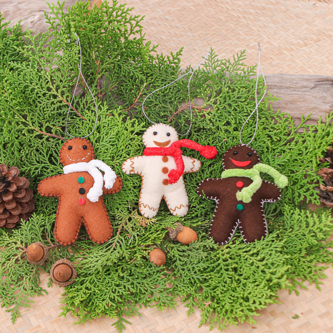 Set of 3 Christmas-Themed Felt Gingerbread Men Ornaments - Gingerbread Celebration