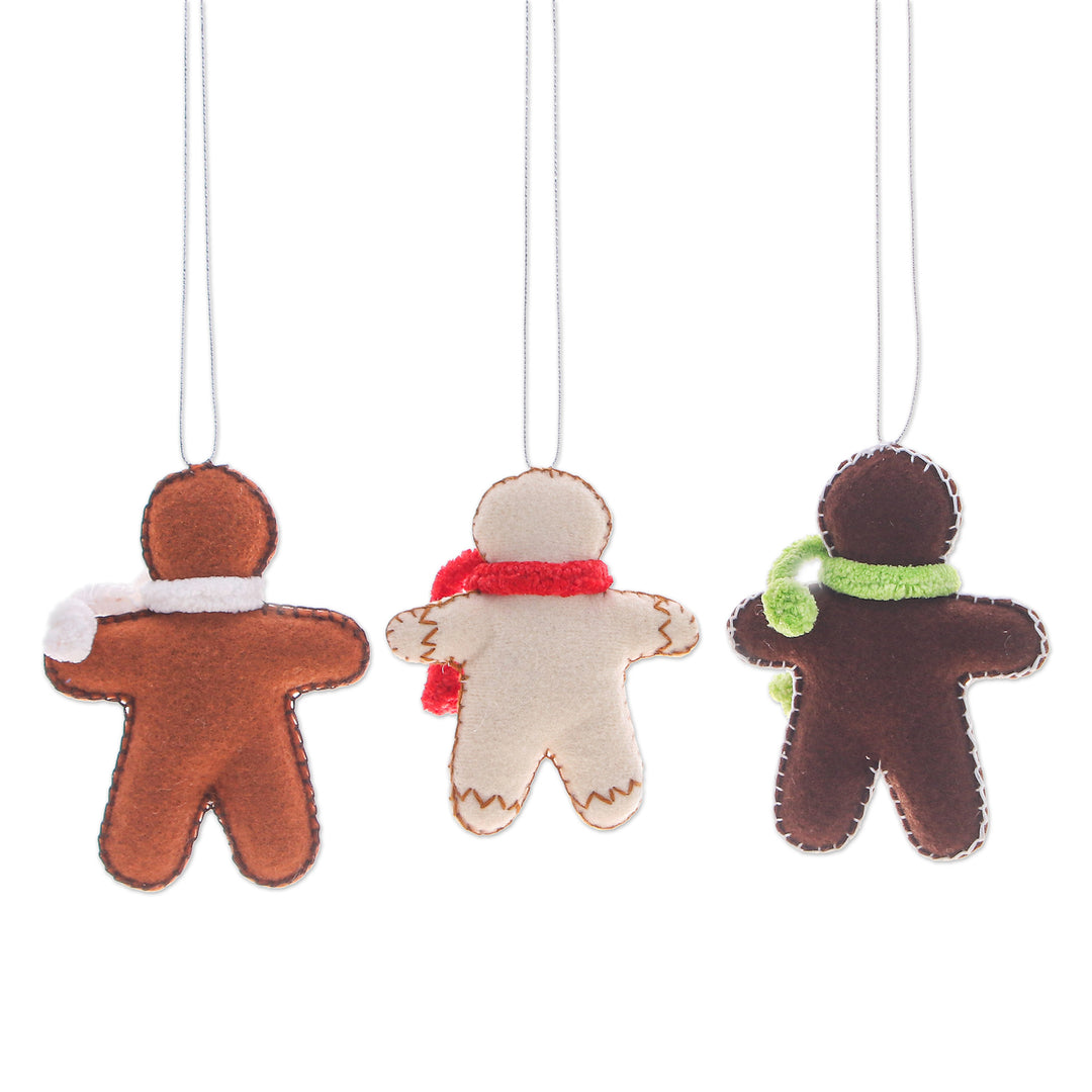 Set of 3 Christmas-Themed Felt Gingerbread Men Ornaments - Gingerbread Celebration