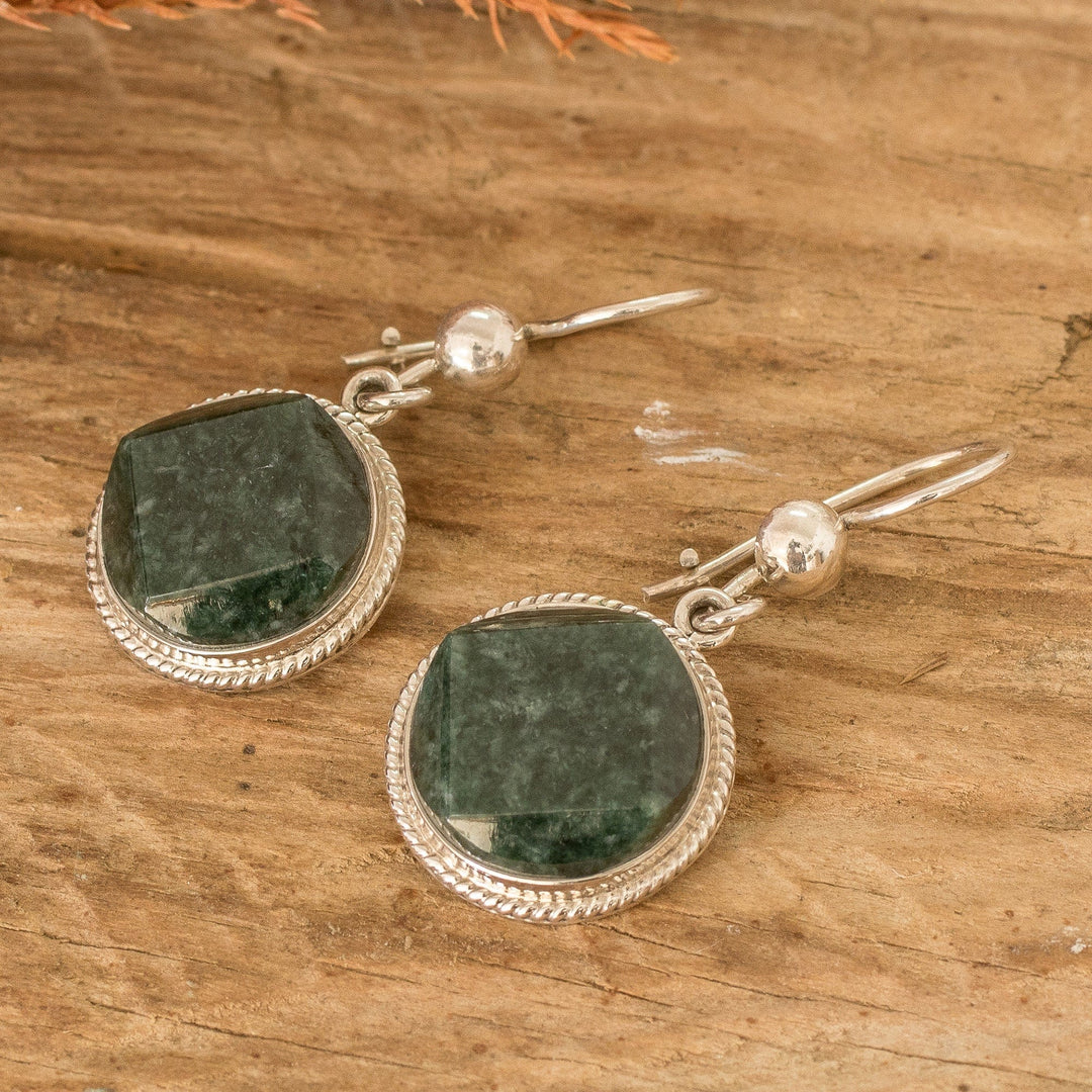 Dark Green Jade Sterling Silver Geometric Dangle Earrings - Ancient Heritage