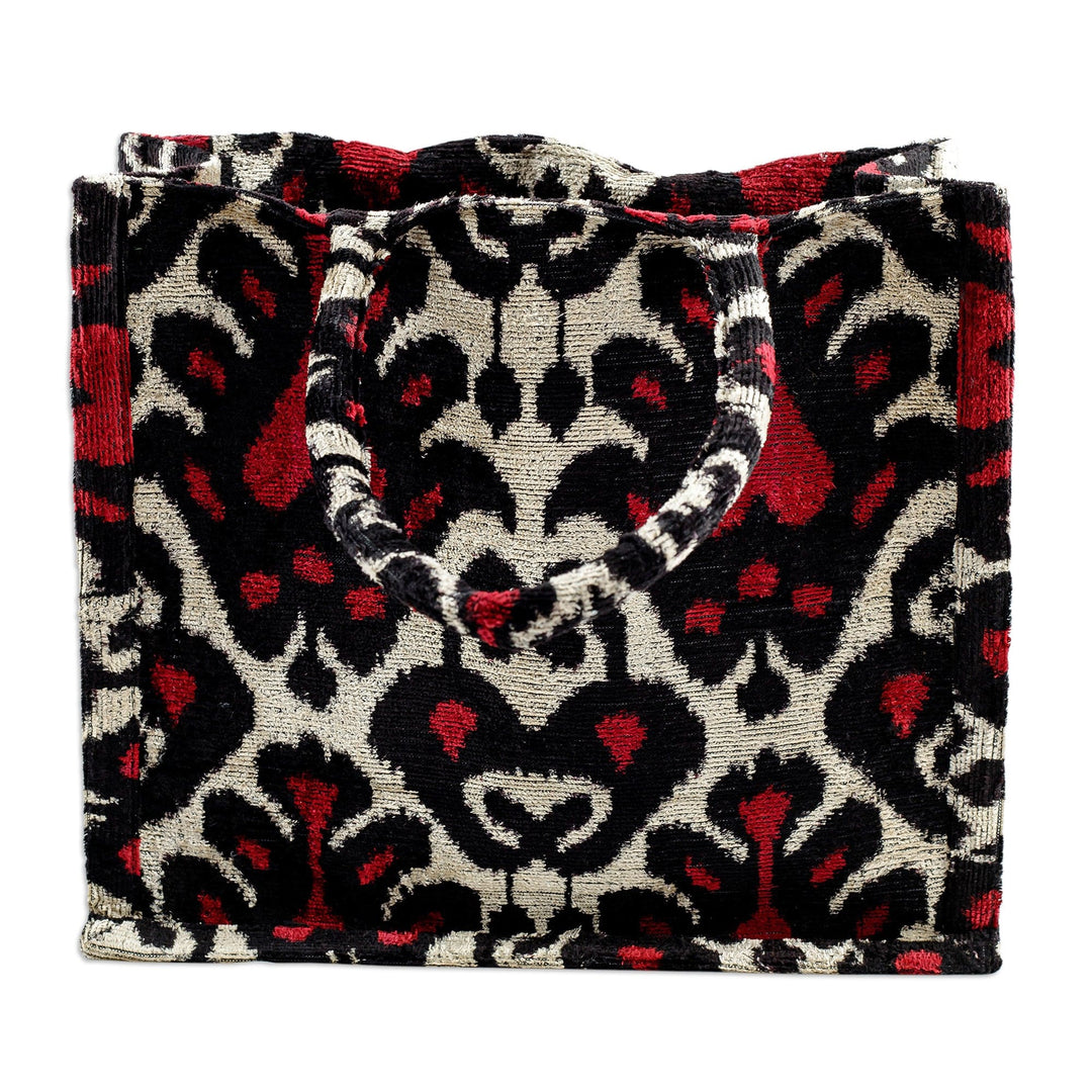 Classic Patterned Cherry and Beige Silk Velvet Handle Bag - Cherry Grandeur