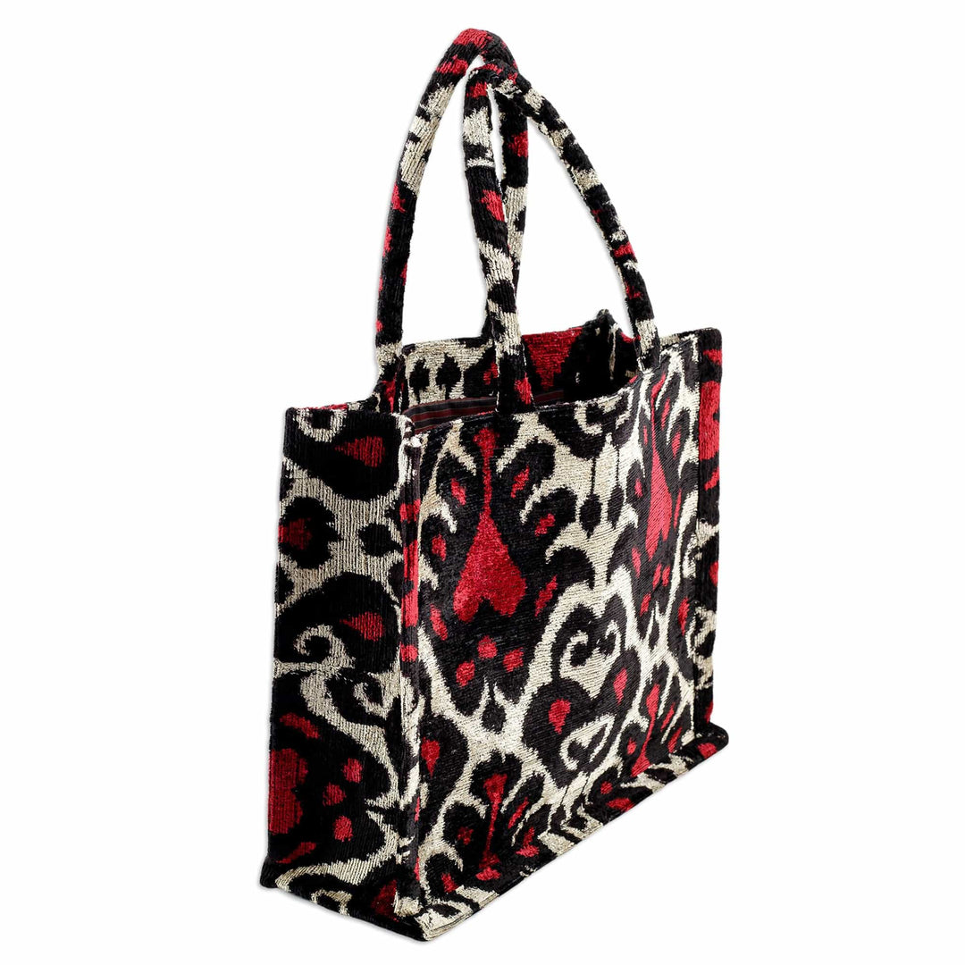 Classic Patterned Cherry and Beige Silk Velvet Handle Bag - Cherry Grandeur