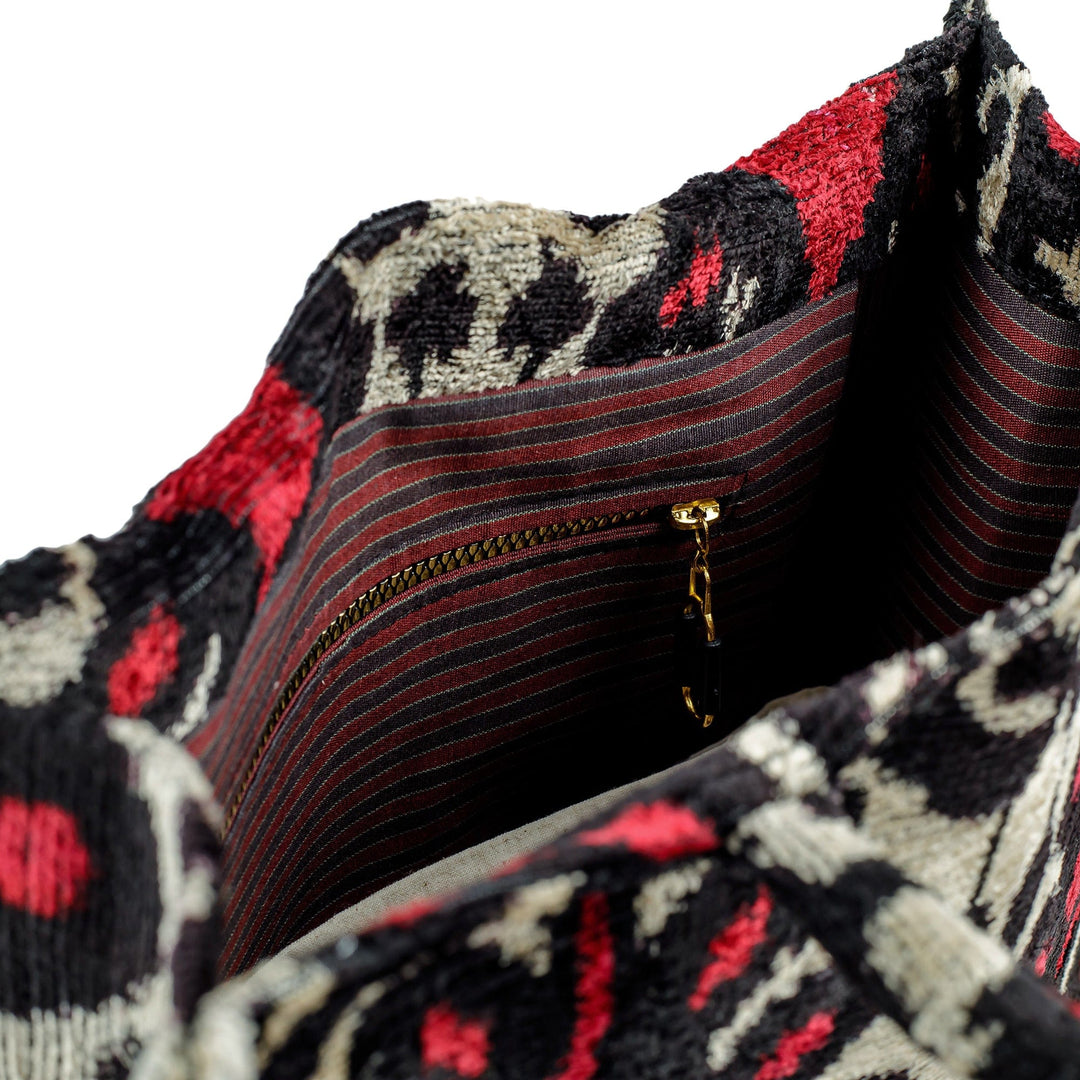 Classic Patterned Cherry and Beige Silk Velvet Handle Bag - Cherry Grandeur