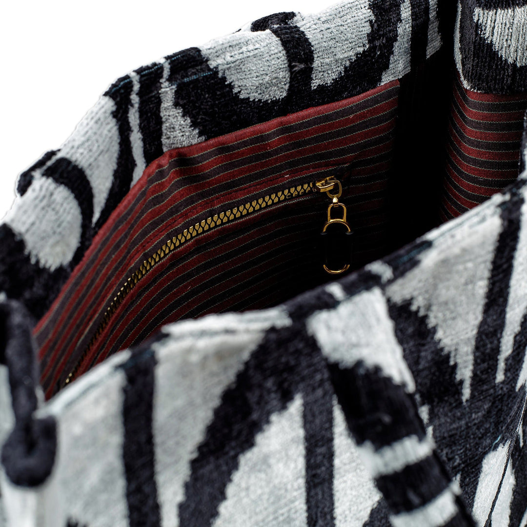 Handcrafted Silk Velvet Handle Bag with Modern Pattern - Avant-Garde Splendor