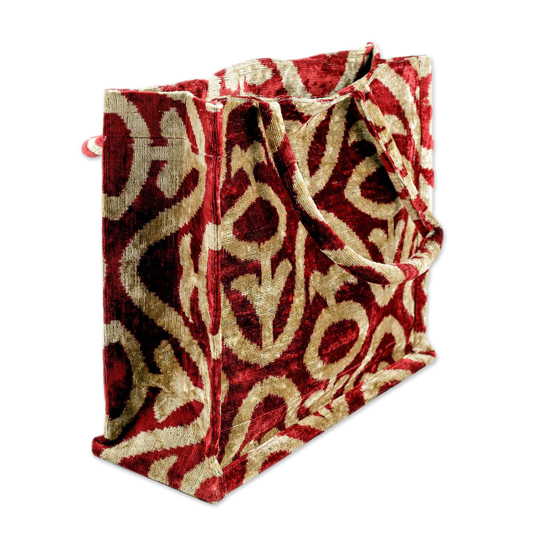 Handcrafted Silk Velvet Handle Bag with Abstract Pattern - Crimson Splendor