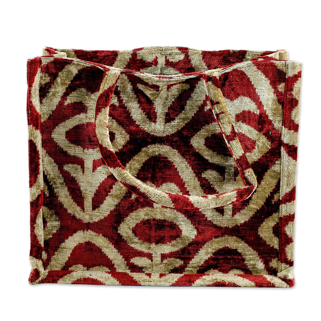 Handcrafted Silk Velvet Handle Bag with Abstract Pattern - Crimson Splendor