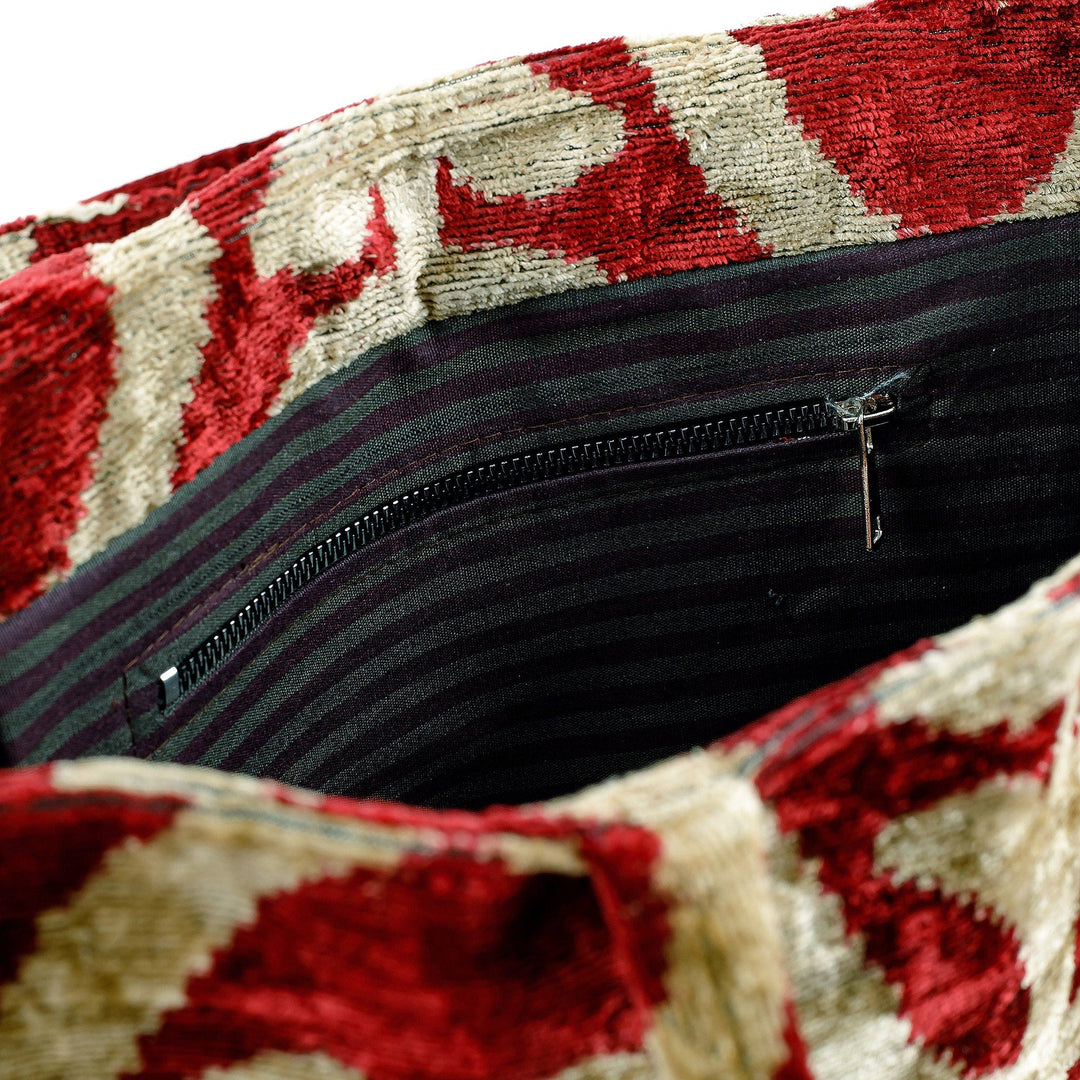 Handcrafted Silk Velvet Handle Bag with Abstract Pattern - Crimson Splendor