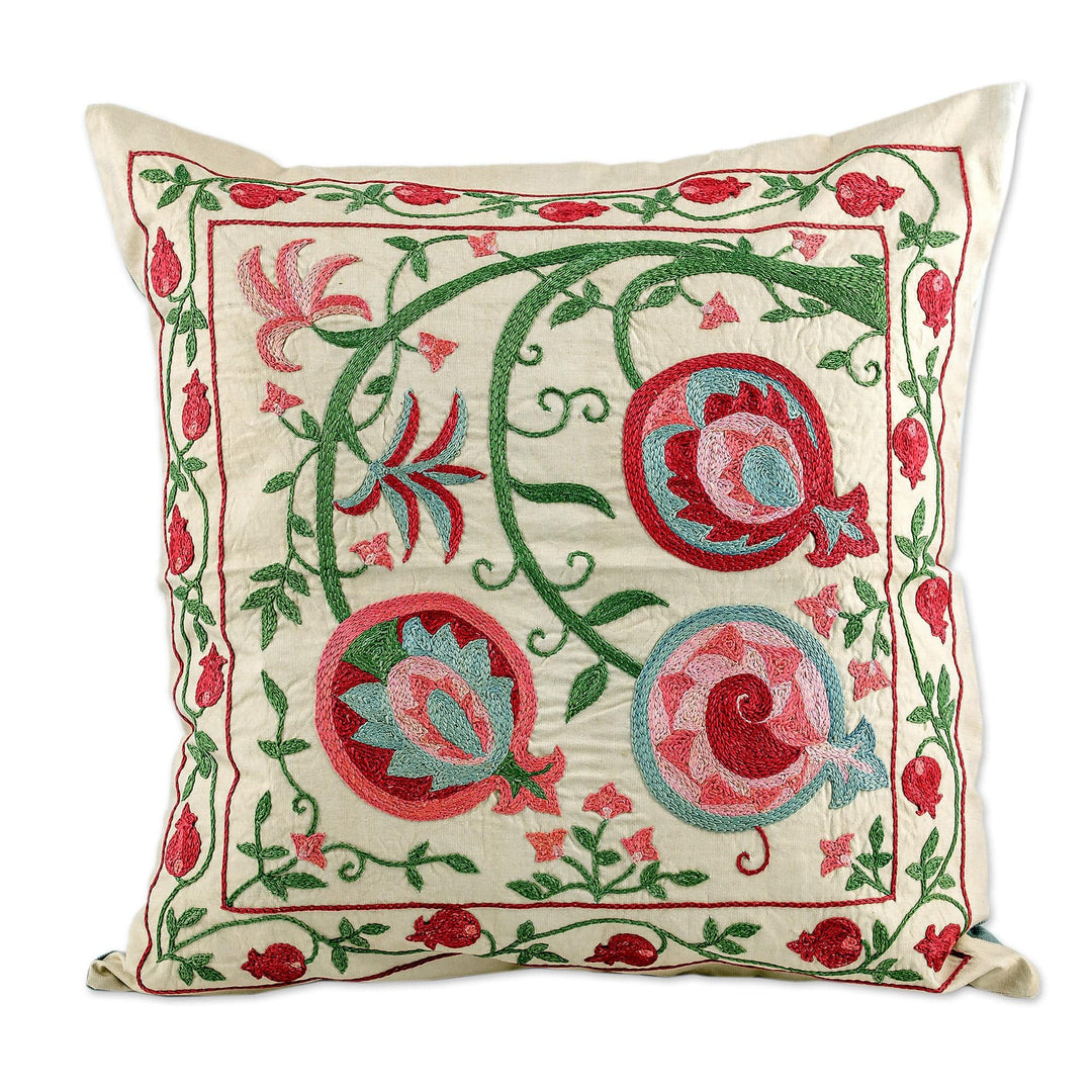 Pomegranate-Themed Embroidered Silk Blend Cushion Cover - Sweet Omens