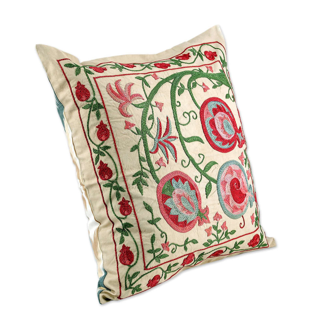 Pomegranate-Themed Embroidered Silk Blend Cushion Cover - Sweet Omens