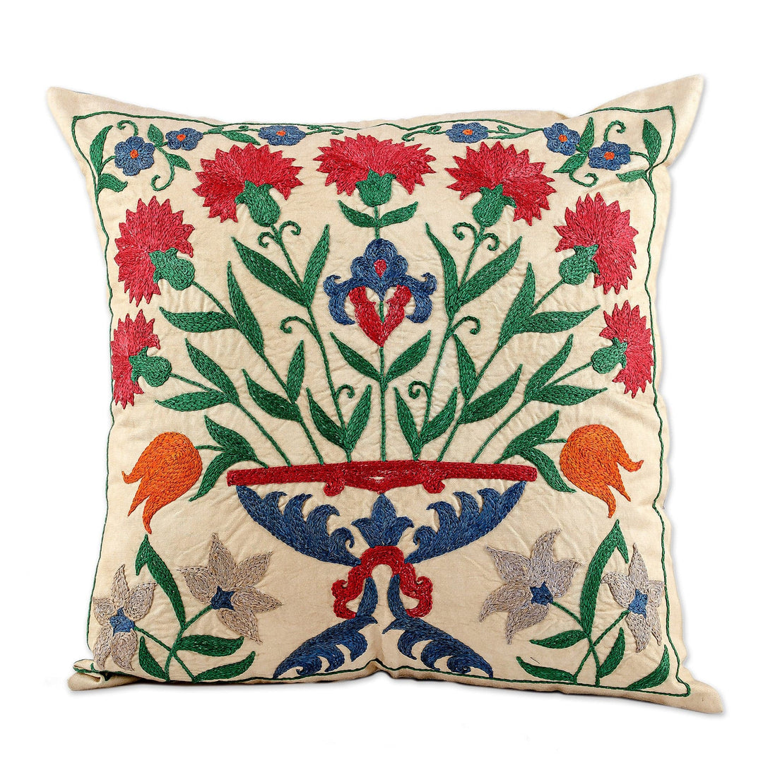 Classic Floral Embroidered Silk Blend Cushion Cover - Suzani Eden