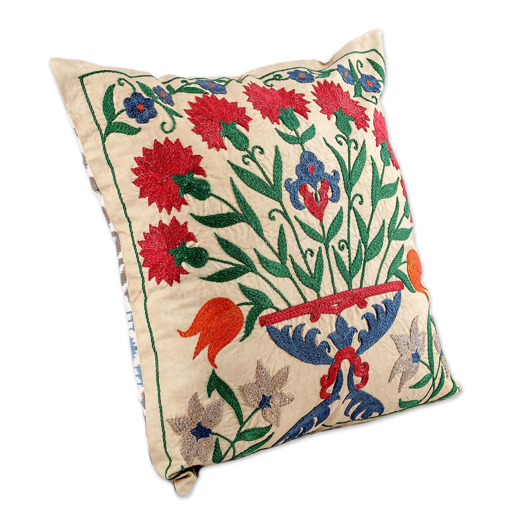 Classic Floral Embroidered Silk Blend Cushion Cover - Suzani Eden