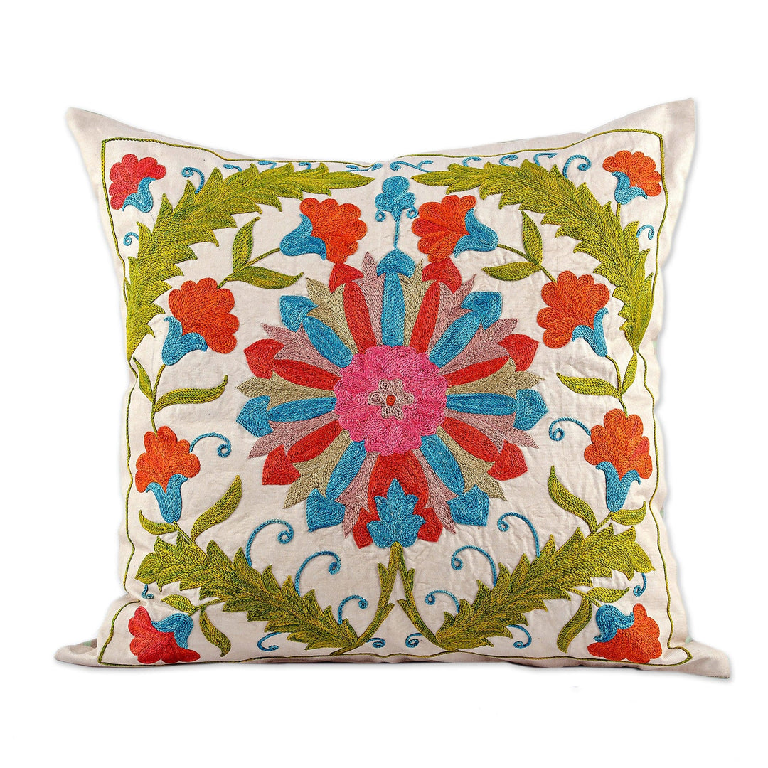 Floral Suzani Embroidered Silk Blend Cushion Cover - Suzani Paradise