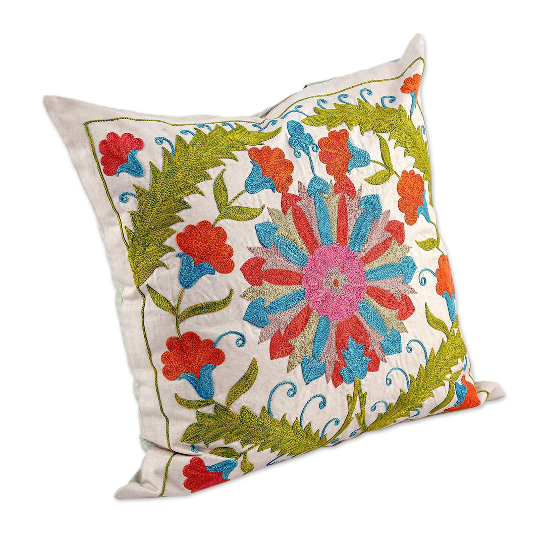 Floral Suzani Embroidered Silk Blend Cushion Cover - Suzani Paradise