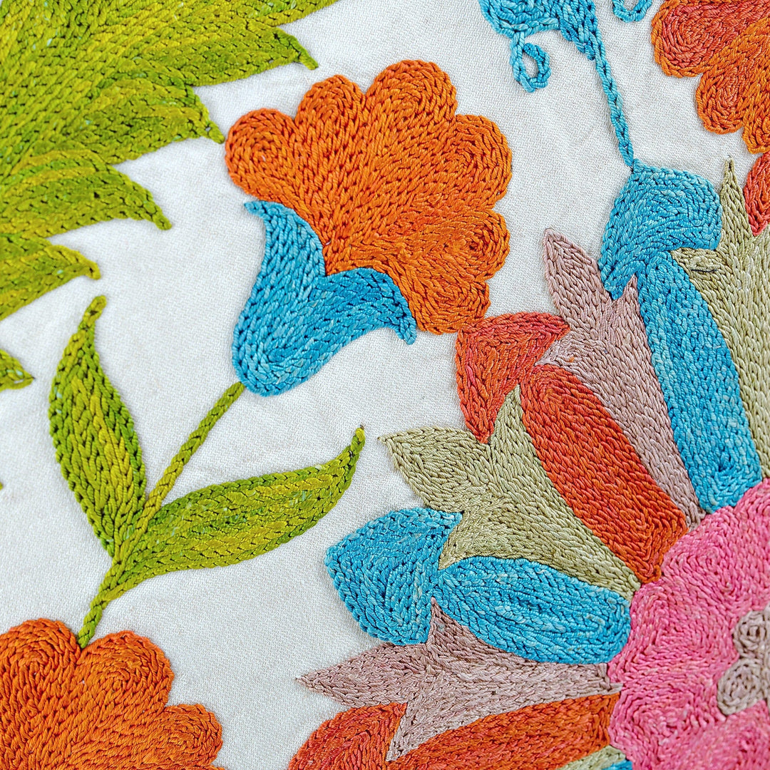 Floral Suzani Embroidered Silk Blend Cushion Cover - Suzani Paradise