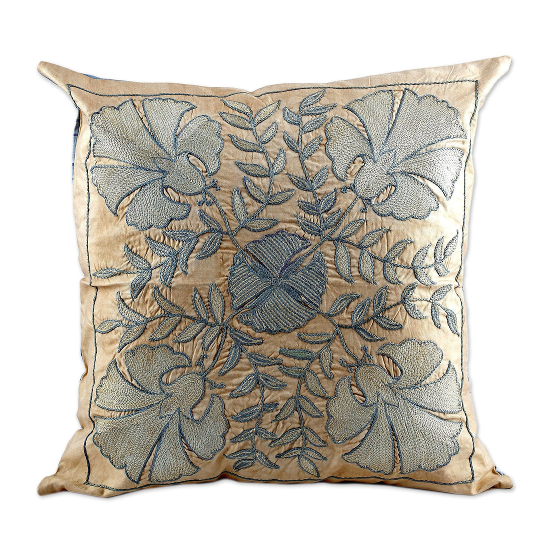 Floral Embroidered Blue and Beige Silk Blend Cushion Cover - Flourishing Winter