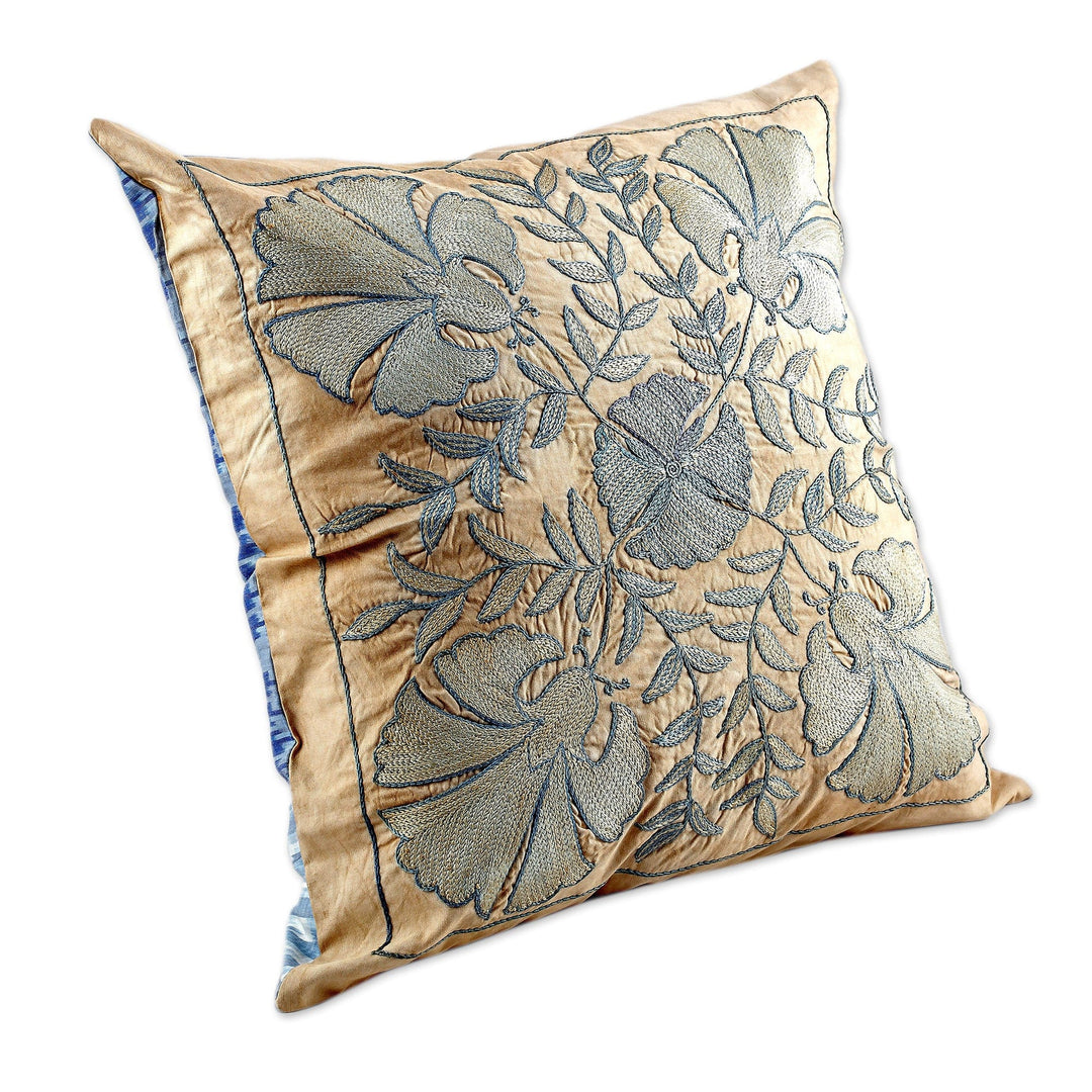 Floral Embroidered Blue and Beige Silk Blend Cushion Cover - Flourishing Winter
