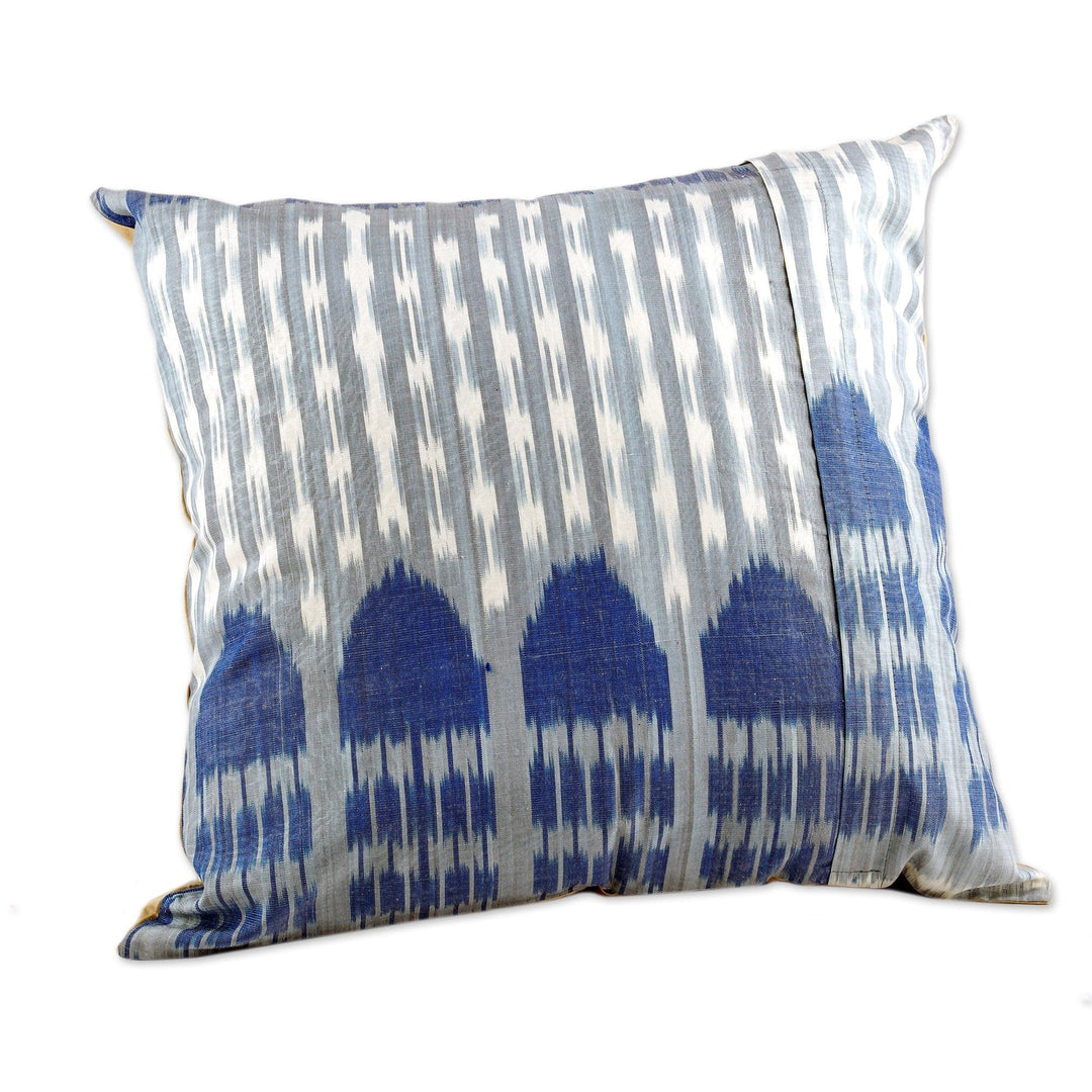 Floral Embroidered Blue and Beige Silk Blend Cushion Cover - Flourishing Winter