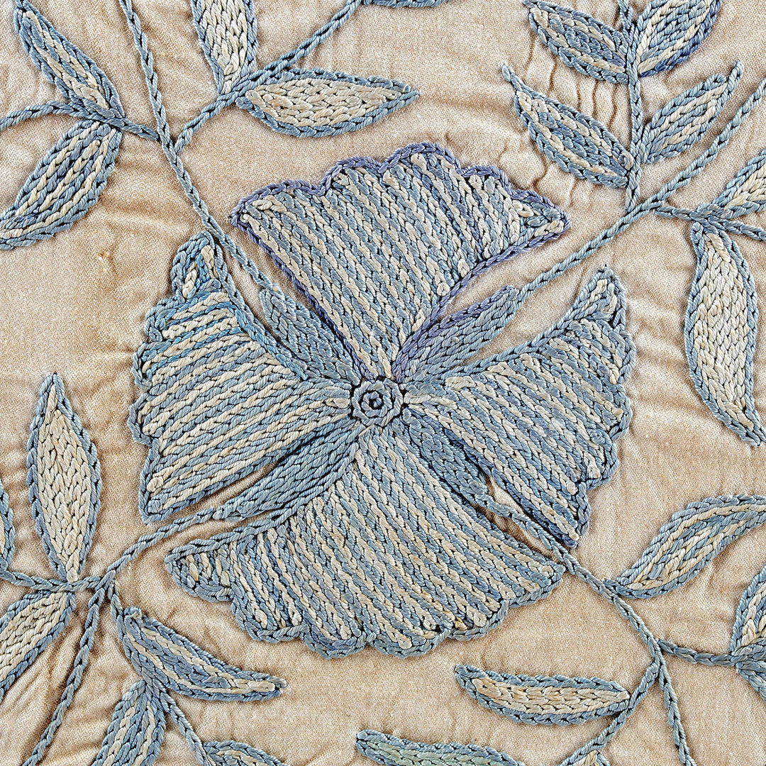 Floral Embroidered Blue and Beige Silk Blend Cushion Cover - Flourishing Winter