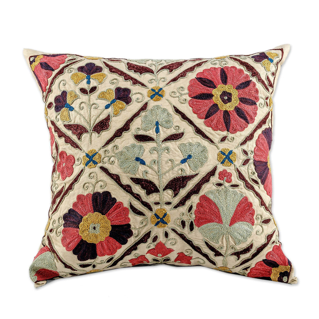 Embroidered Silk Blend Cushion Cover with Floral Details - Symbolic Suzani