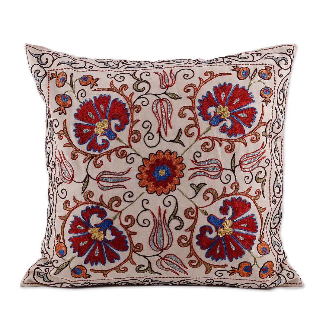 Floral Handcrafted Embroidered Silk and Cotton Cushion Cover - Suzani Garden