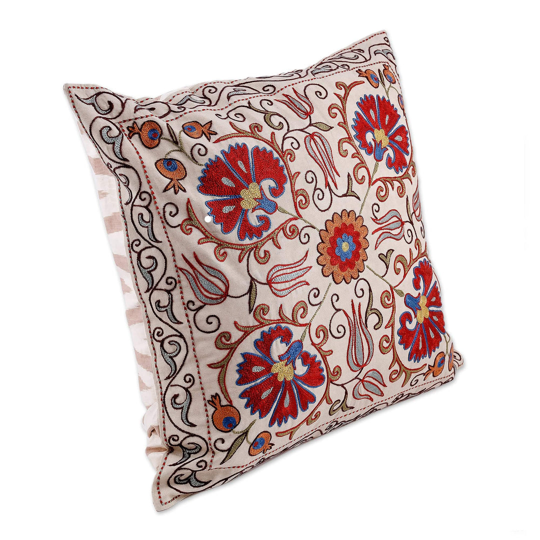 Floral Handcrafted Embroidered Silk and Cotton Cushion Cover - Suzani Garden