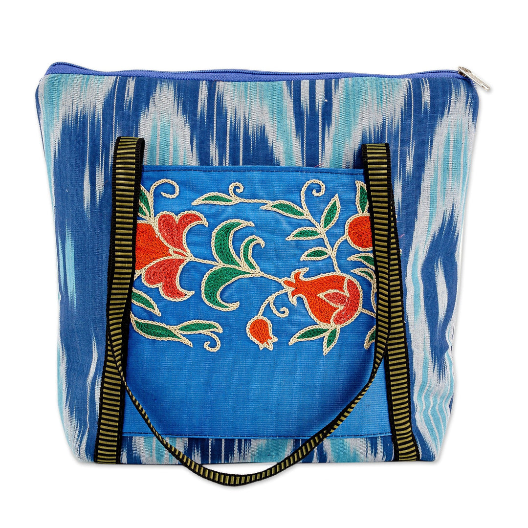 Floral Ikat-Patterned Blue Cotton Shoulder Bag with Zipper - Blue Fineness