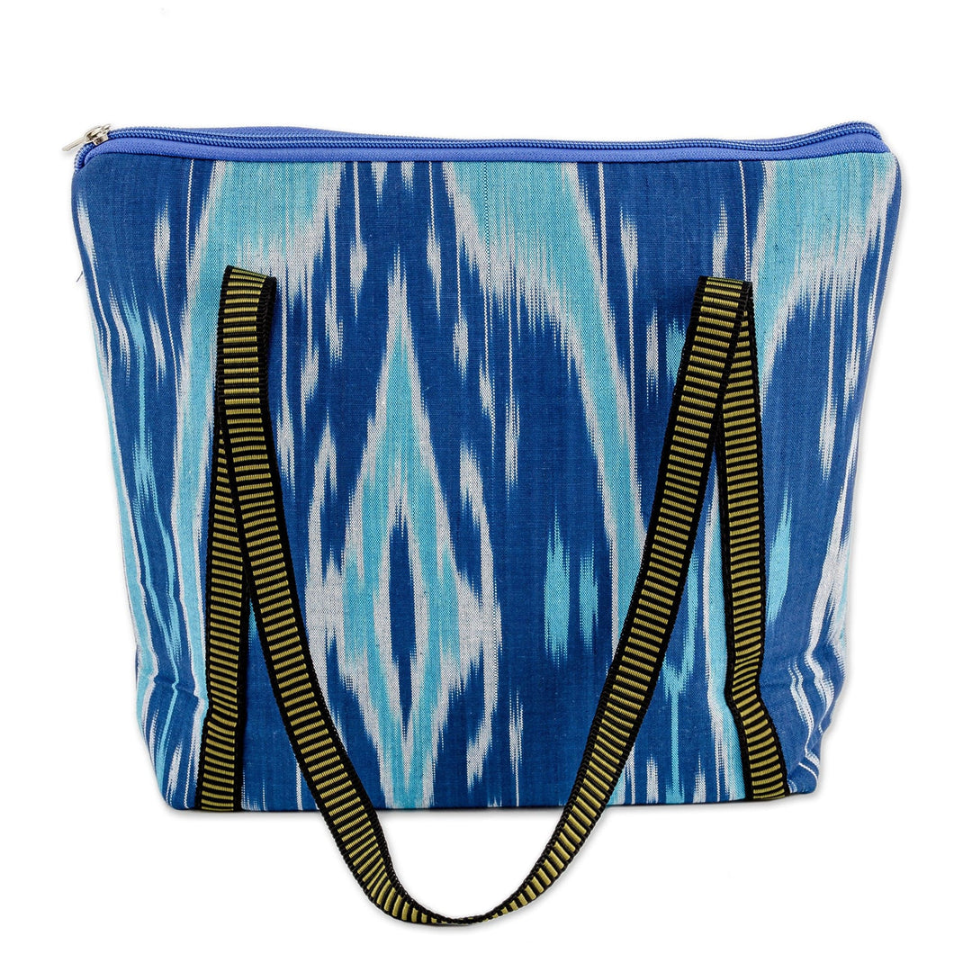 Floral Ikat-Patterned Blue Cotton Shoulder Bag with Zipper - Blue Fineness