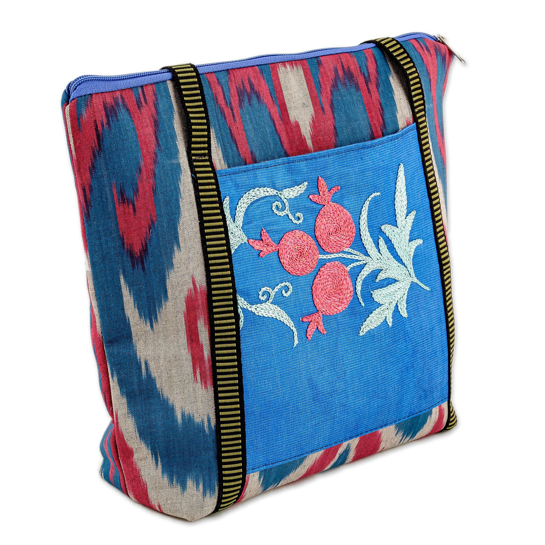 Floral Ikat-Patterned Blue Cotton Shoulder Bag with Zipper - Blue Fineness