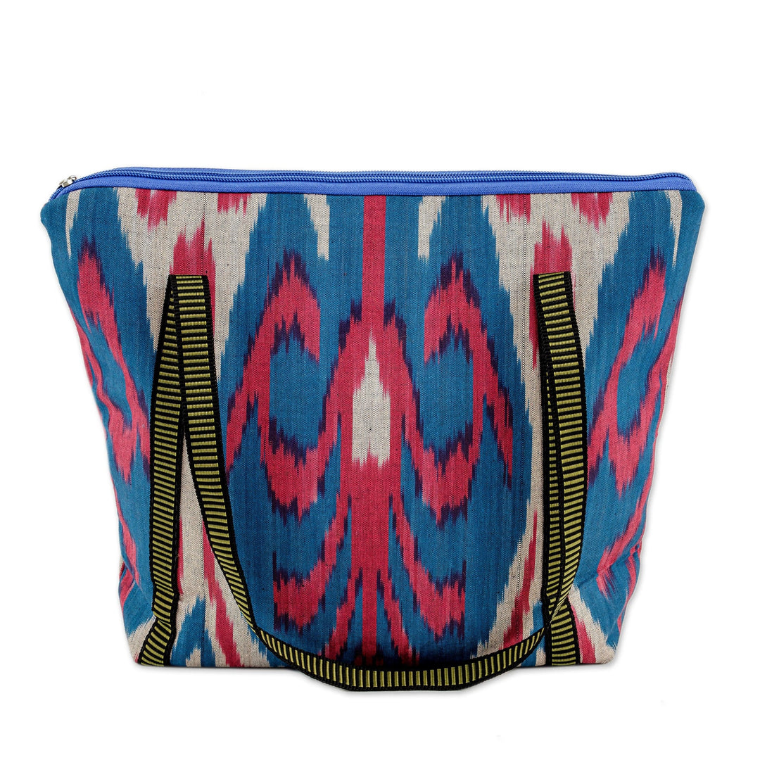 Ikat-Patterned Pomegranate Blue and Pink Cotton Shoulder Bag - Pink Sweetness