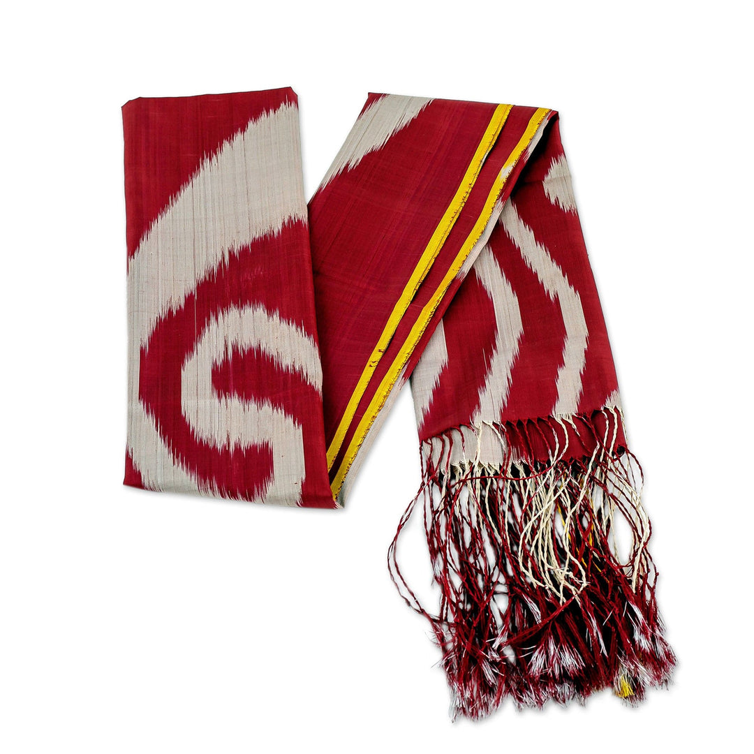 Handwoven Ikat-Patterned Silk Scarf in Red and Grey Hues - Intense Uzbekistan