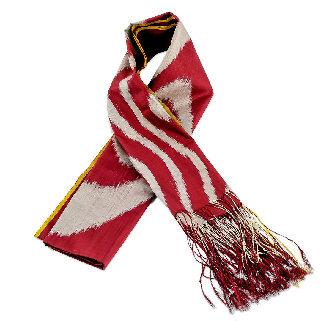 Handwoven Ikat-Patterned Silk Scarf in Red and Grey Hues - Intense Uzbekistan