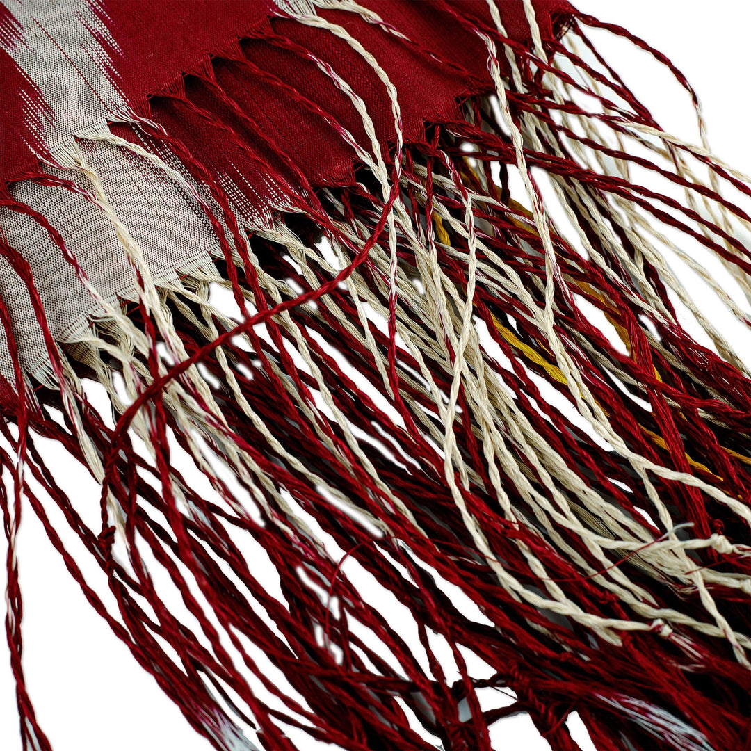 Handwoven Ikat-Patterned Silk Scarf in Red and Grey Hues - Intense Uzbekistan