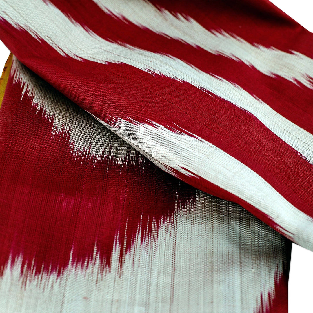 Handwoven Ikat-Patterned Silk Scarf in Red and Grey Hues - Intense Uzbekistan