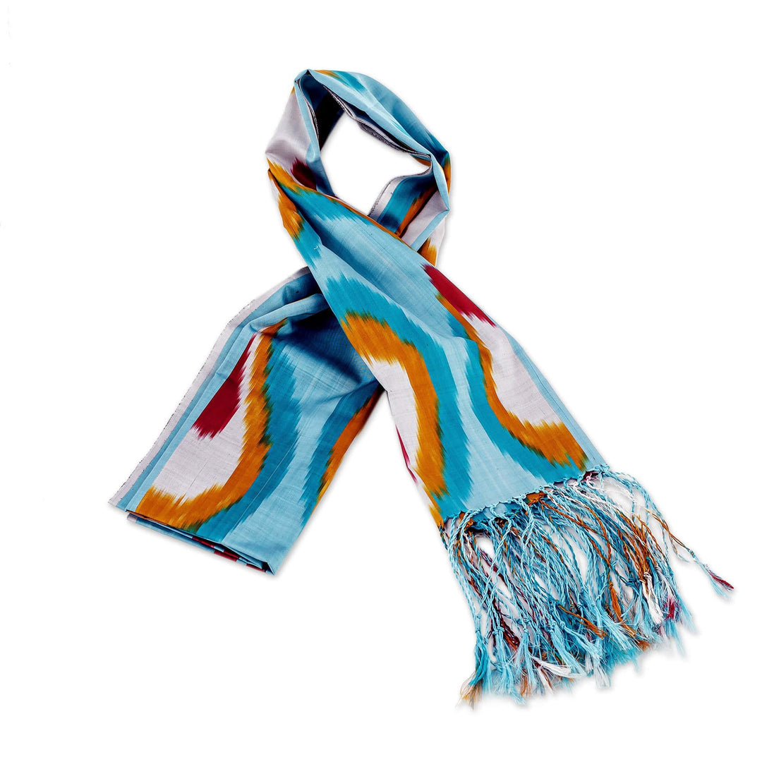 Handwoven Ikat-Patterned Silk Scarf in Blue and Warm Hues - Refreshing Uzbekistan