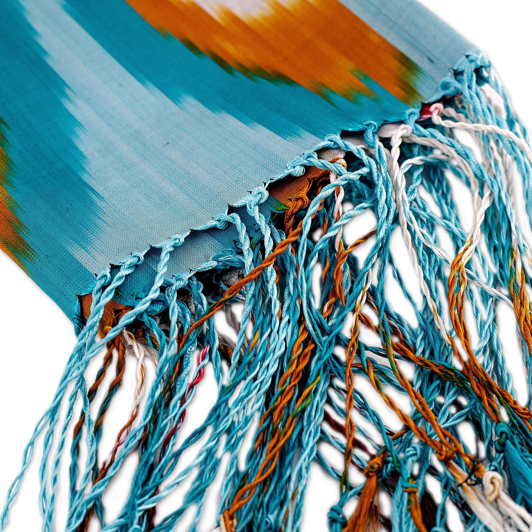 Handwoven Ikat-Patterned Silk Scarf in Blue and Warm Hues - Refreshing Uzbekistan