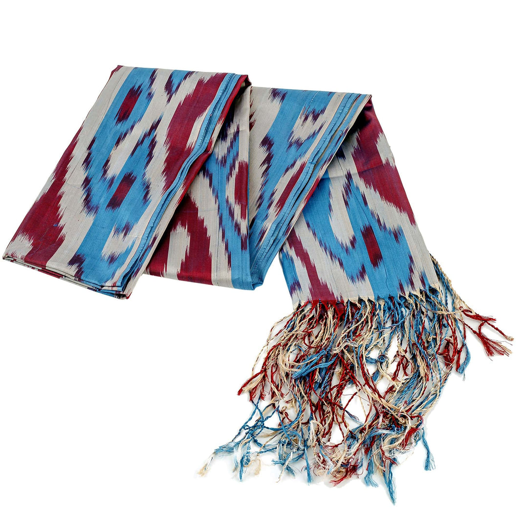 Hand-Woven Fringed Silk Ikat Scarf in White Berry and Blue - Uzbek Beauty