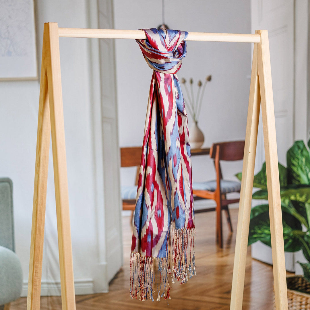 Hand-Woven Fringed Silk Ikat Scarf in White Berry and Blue - Uzbek Beauty