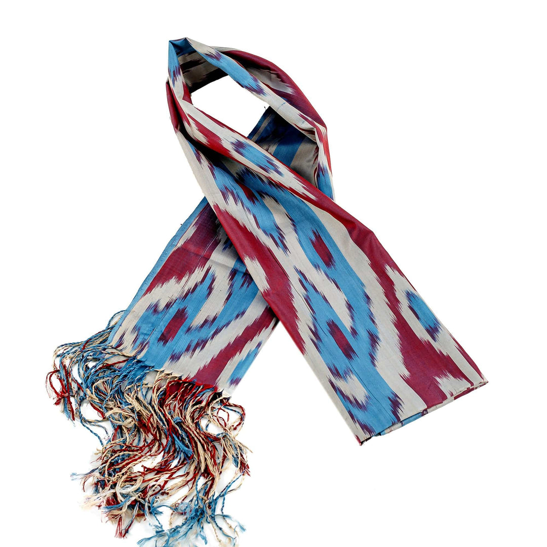 Hand-Woven Fringed Silk Ikat Scarf in White Berry and Blue - Uzbek Beauty