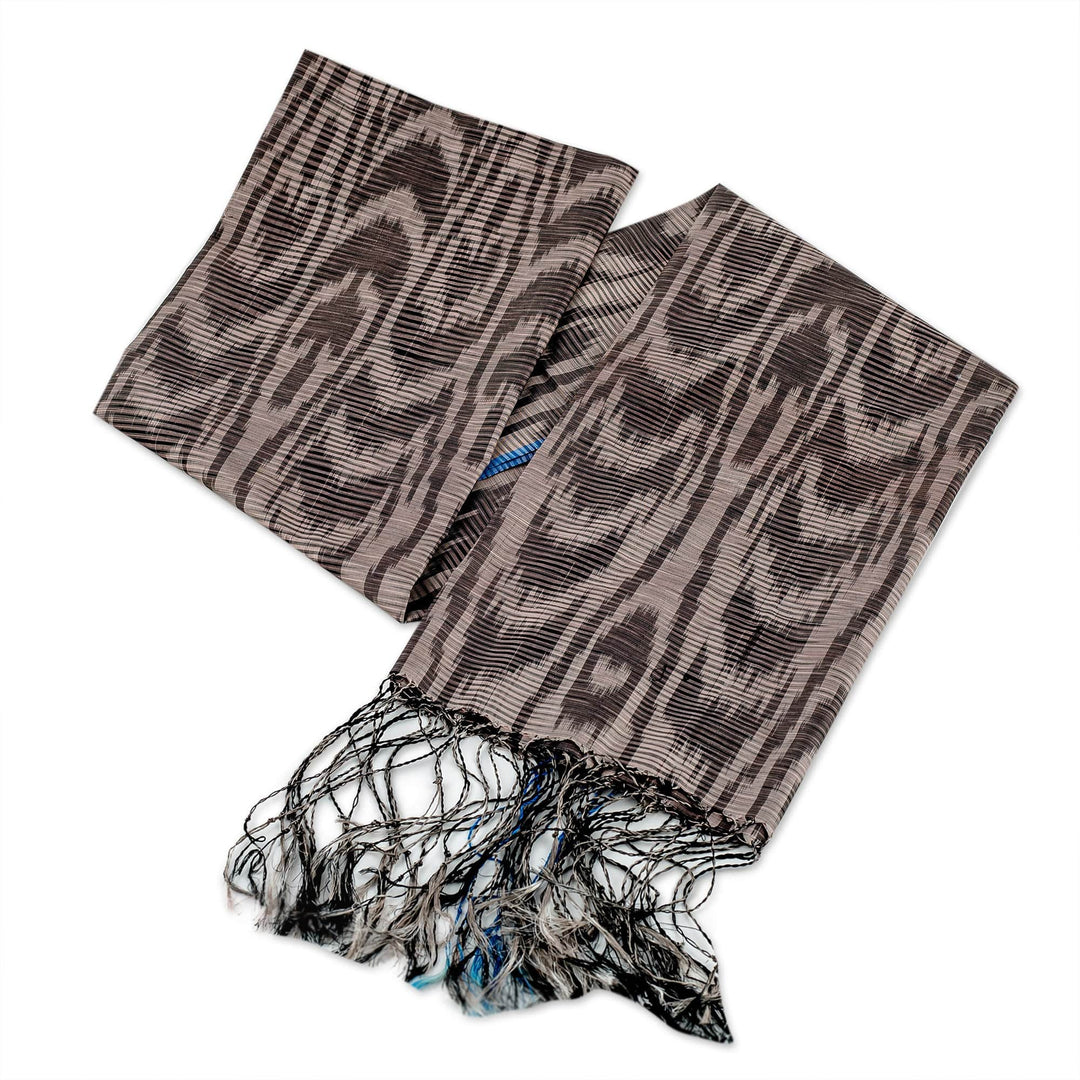 Hand-Woven Fringed Silk Ikat Scarf in Two Shades of Grey - Uzbek Flair