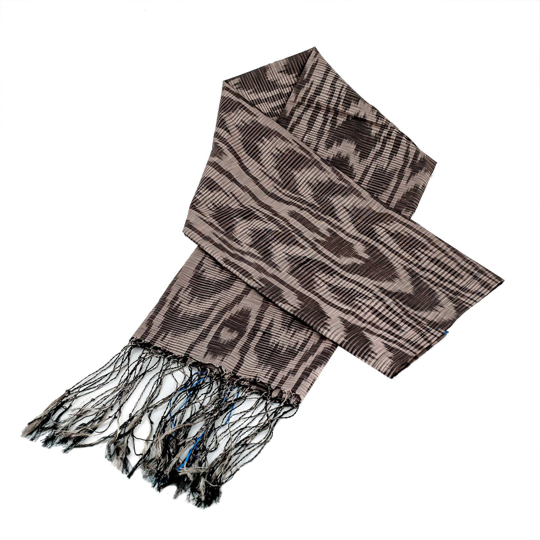 Hand-Woven Fringed Silk Ikat Scarf in Two Shades of Grey - Uzbek Flair