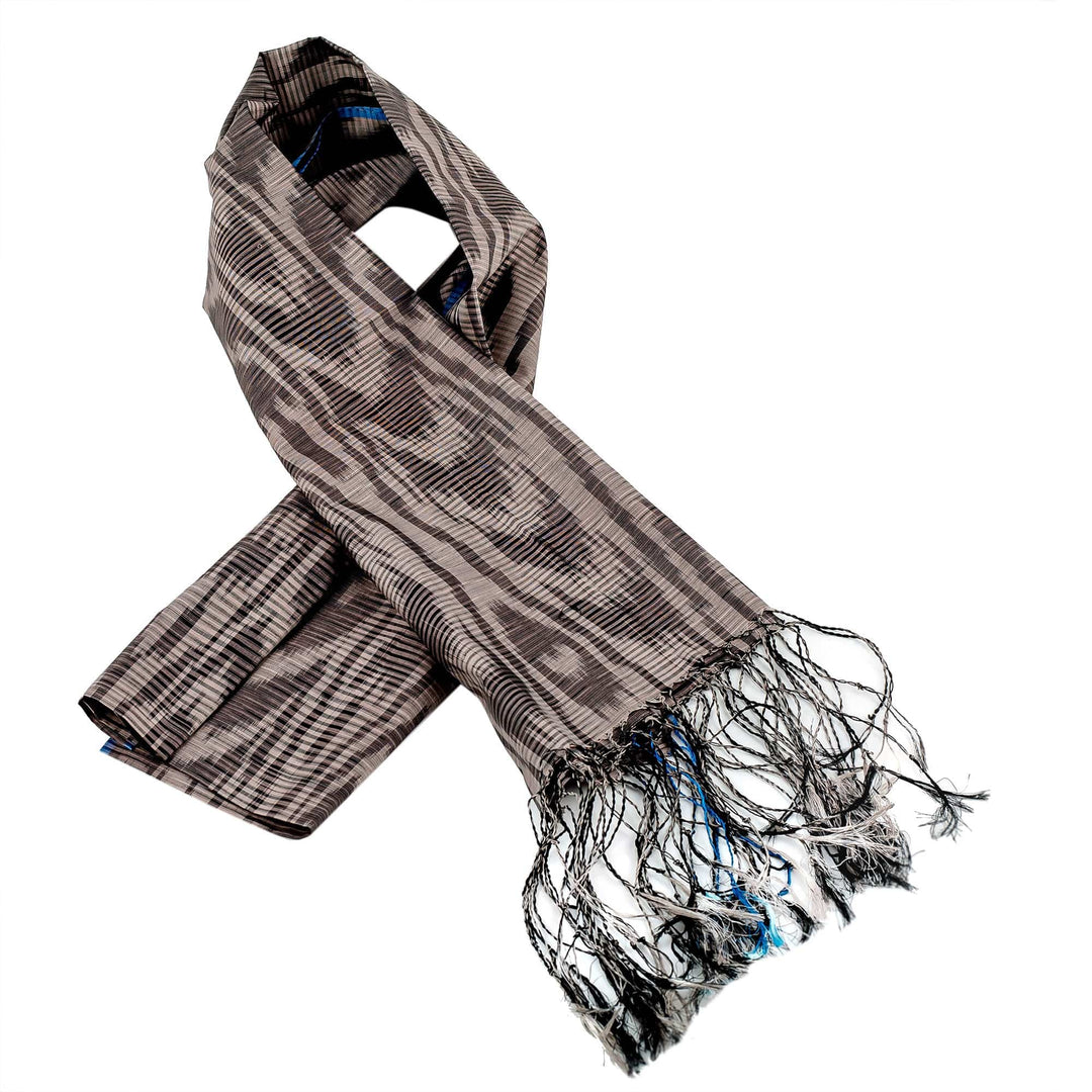 Hand-Woven Fringed Silk Ikat Scarf in Two Shades of Grey - Uzbek Flair