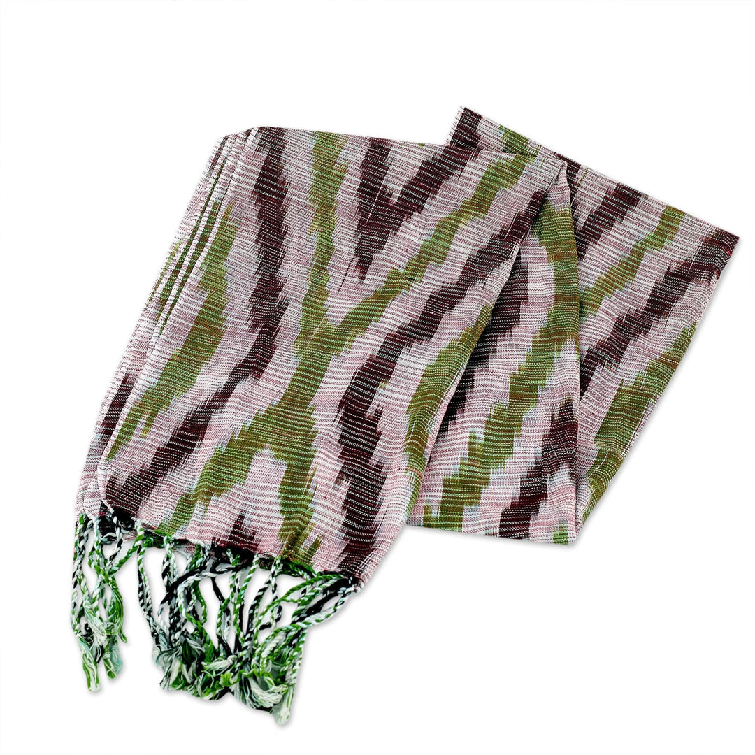 Hand-Woven Fringed Cotton Ikat Scarf in Green and Brown - Uzbek Style